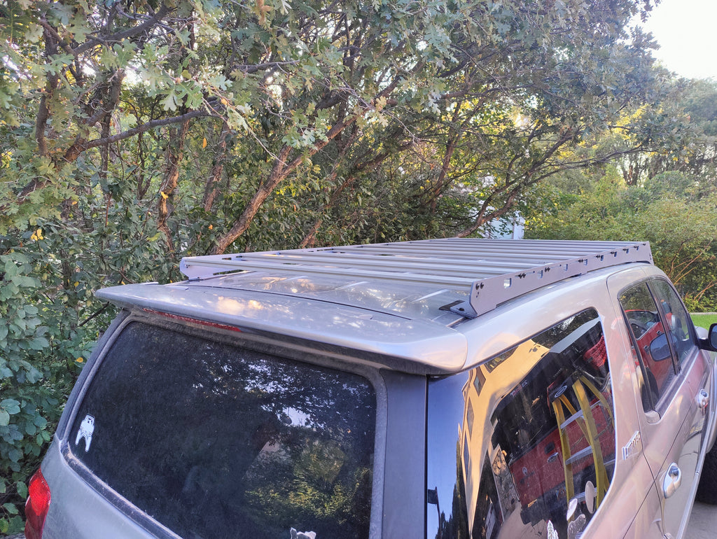 racklite industires first gen sequoia roof rack rear view grey with black hardware prototype